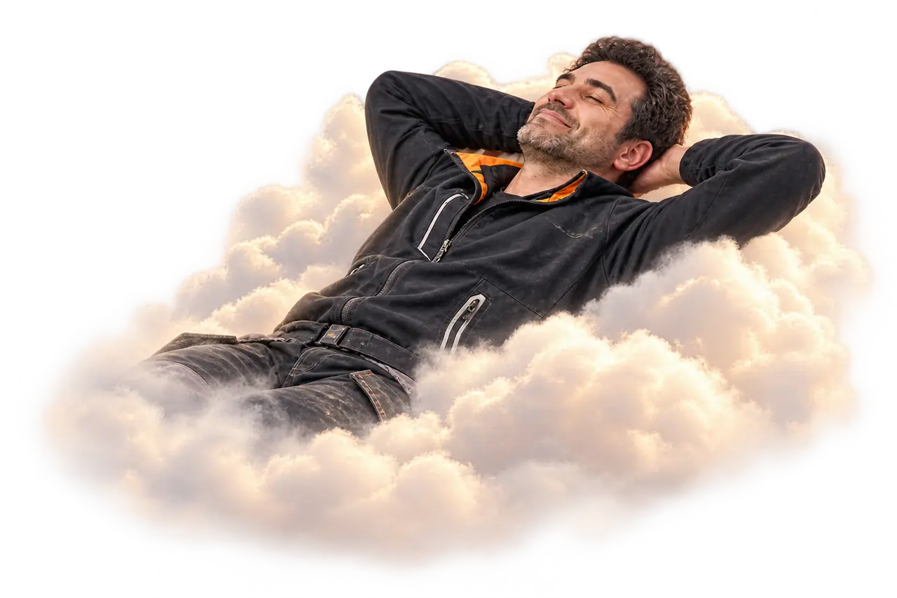 A tradesman resting on a soft cloud, eyes closed and hands behind his head.